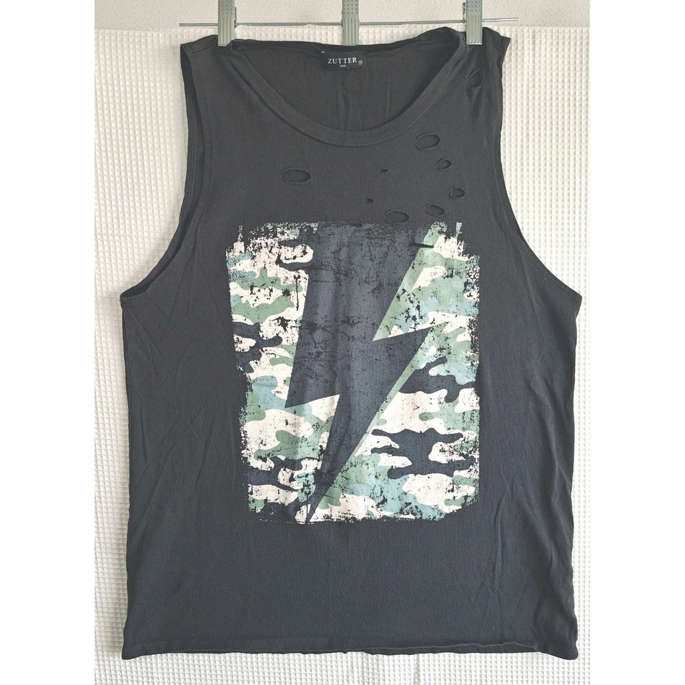 Zutter Distressed Lightning Bolt Camo Graphic Tank Top Black Medium USA Cotton